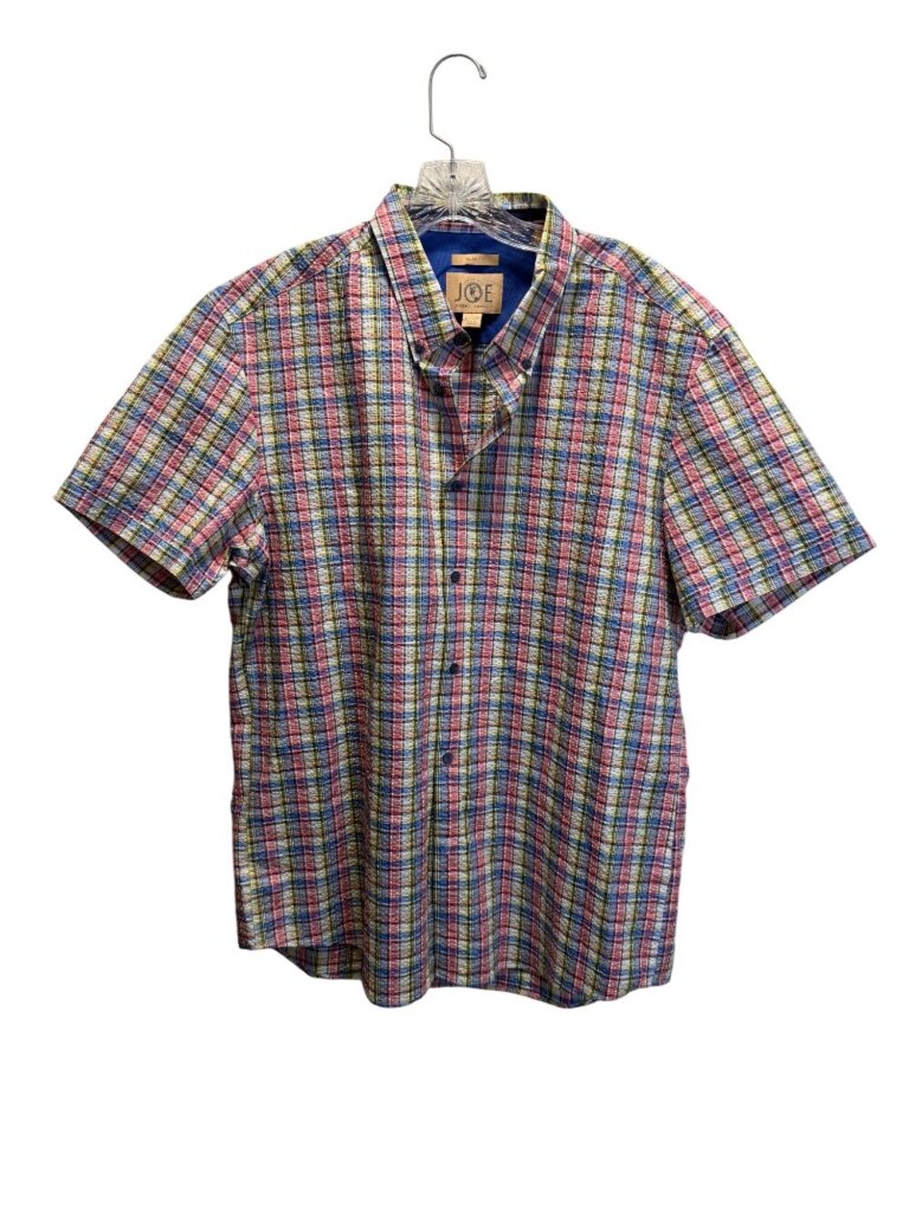 Joseph Abboud Mens Multicolor Plaid Short Sleeve Slim Fit Shirt Size L Cotton Bl
